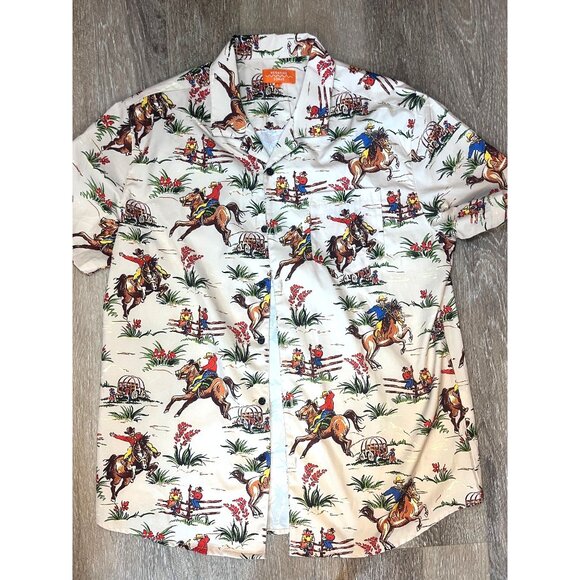 Cowboy Print Short Sleeve Button-Up Shirt By Negative Space Size L Beige Backgro - Picture 2 of 7